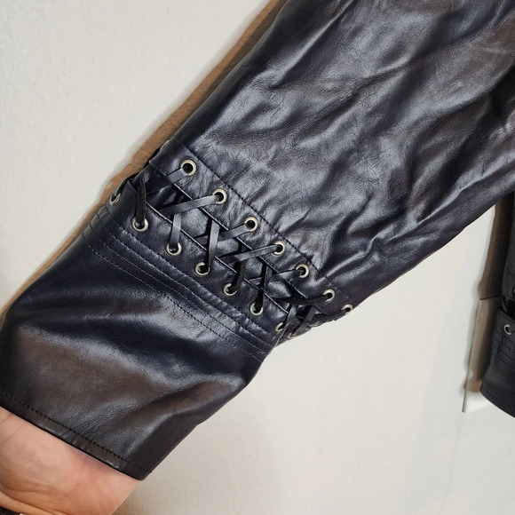 Kate & Mallory Vegan Leather Navy Blue fringe  lace up zip jacket. Women's 3X - Picture 7 of 16